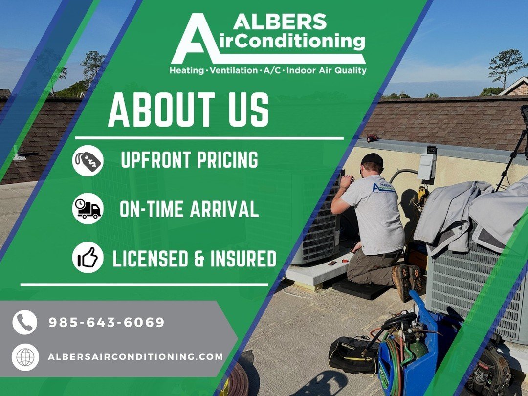 At Albers Air Conditioning, we offer upfront pricing, on-time arrival, and licensed &amp; insured technicians. Experience peace of mind with every service call. Your comfort is our priority. ⁠
⁠
⁠
⁠
#hvac #hvacla #hvaclouisiana #ac #airconditioning #