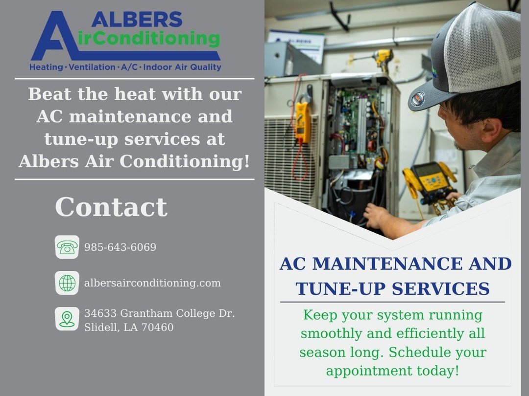 Beat the heat with our AC maintenance and tune-up services at Albers Air Conditioning! Keep your system running smoothly and efficiently all season long. Schedule your appointment today!⁠
⁠
⁠
⁠
#hvac #hvacla #hvaclouisiana #ac #airconditioning #louis