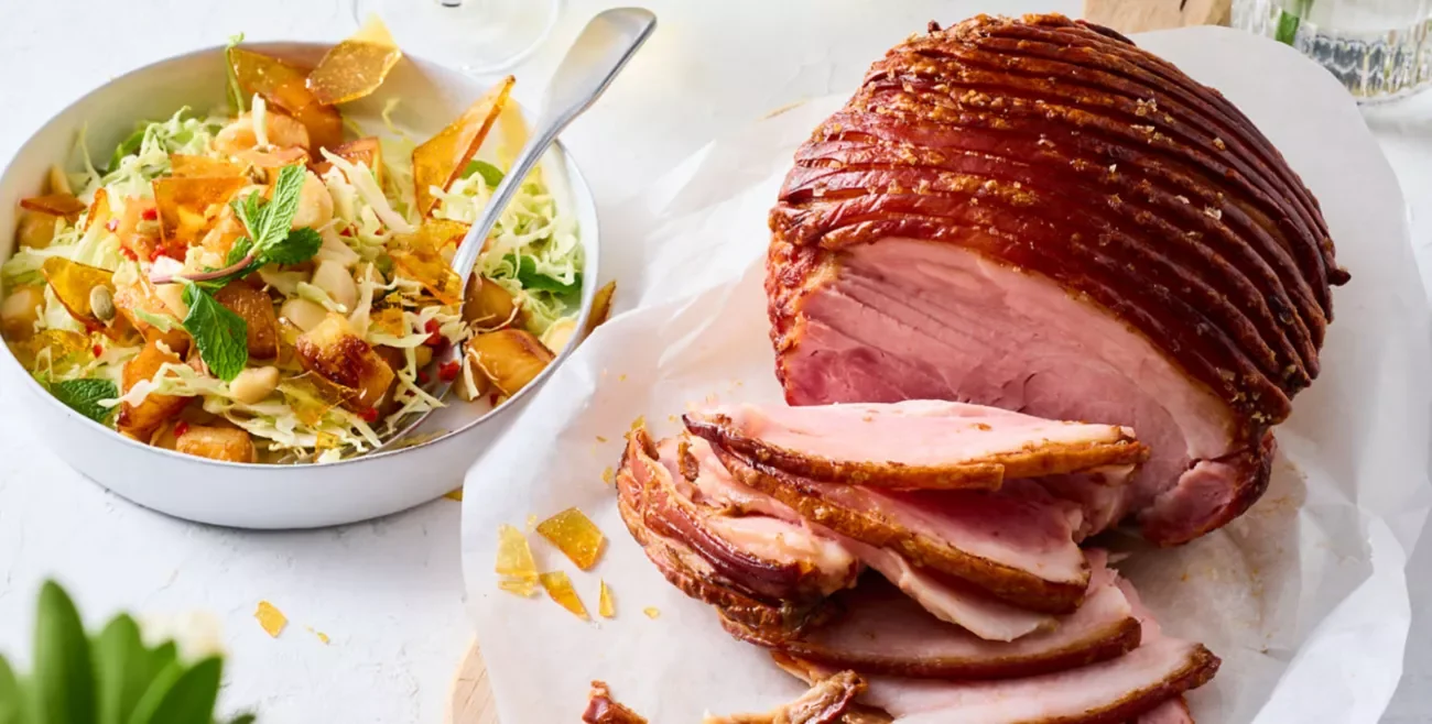 Crackling ham with toffee crunch slaw