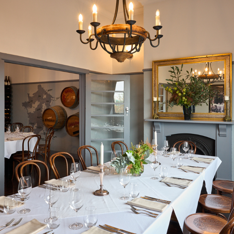 Private dining room set for a long table event at Chez Bagou, Albert Park Melbourne