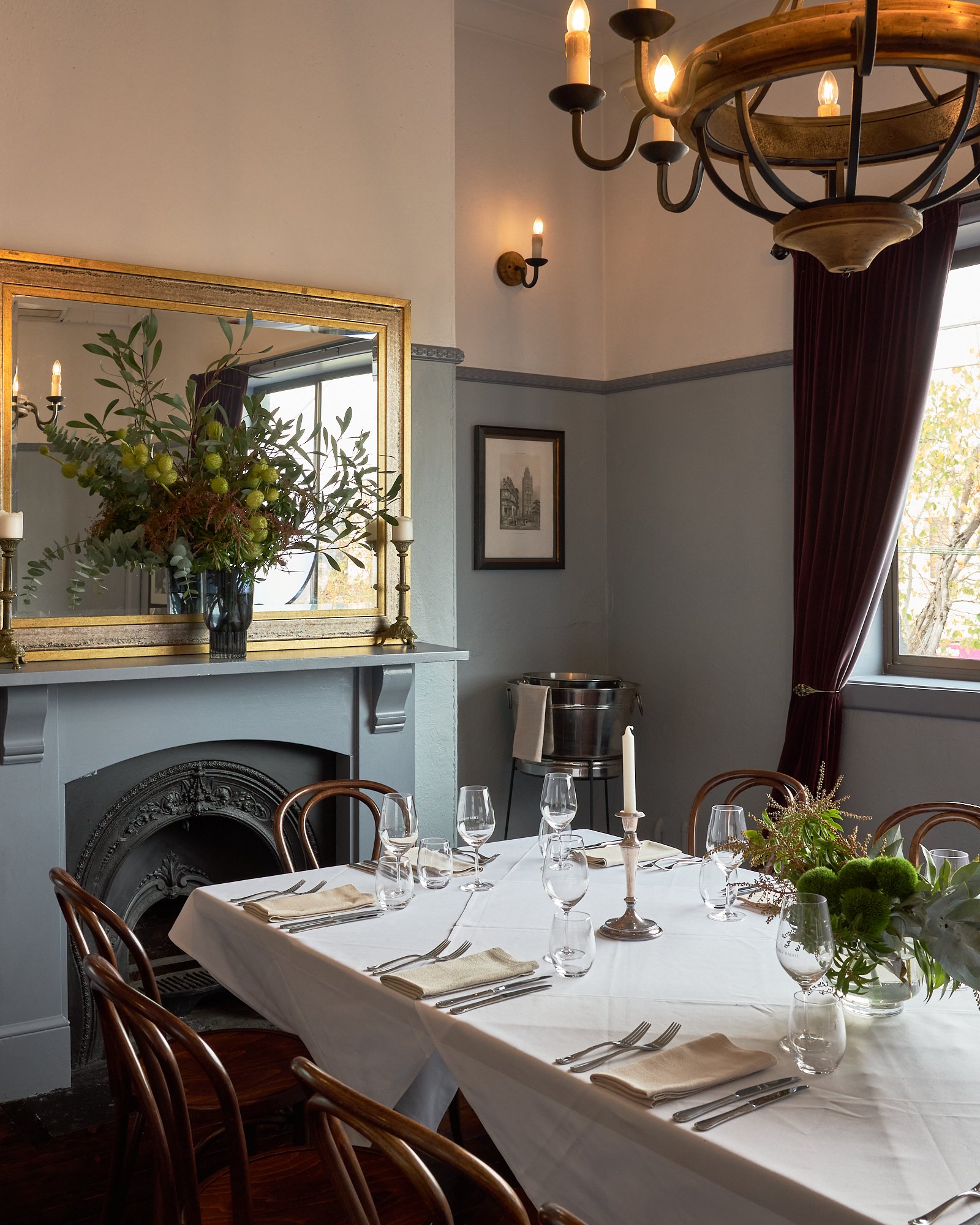 The Front Dining Room set for a private event at Chez Bagou, Albert Park Melbourne