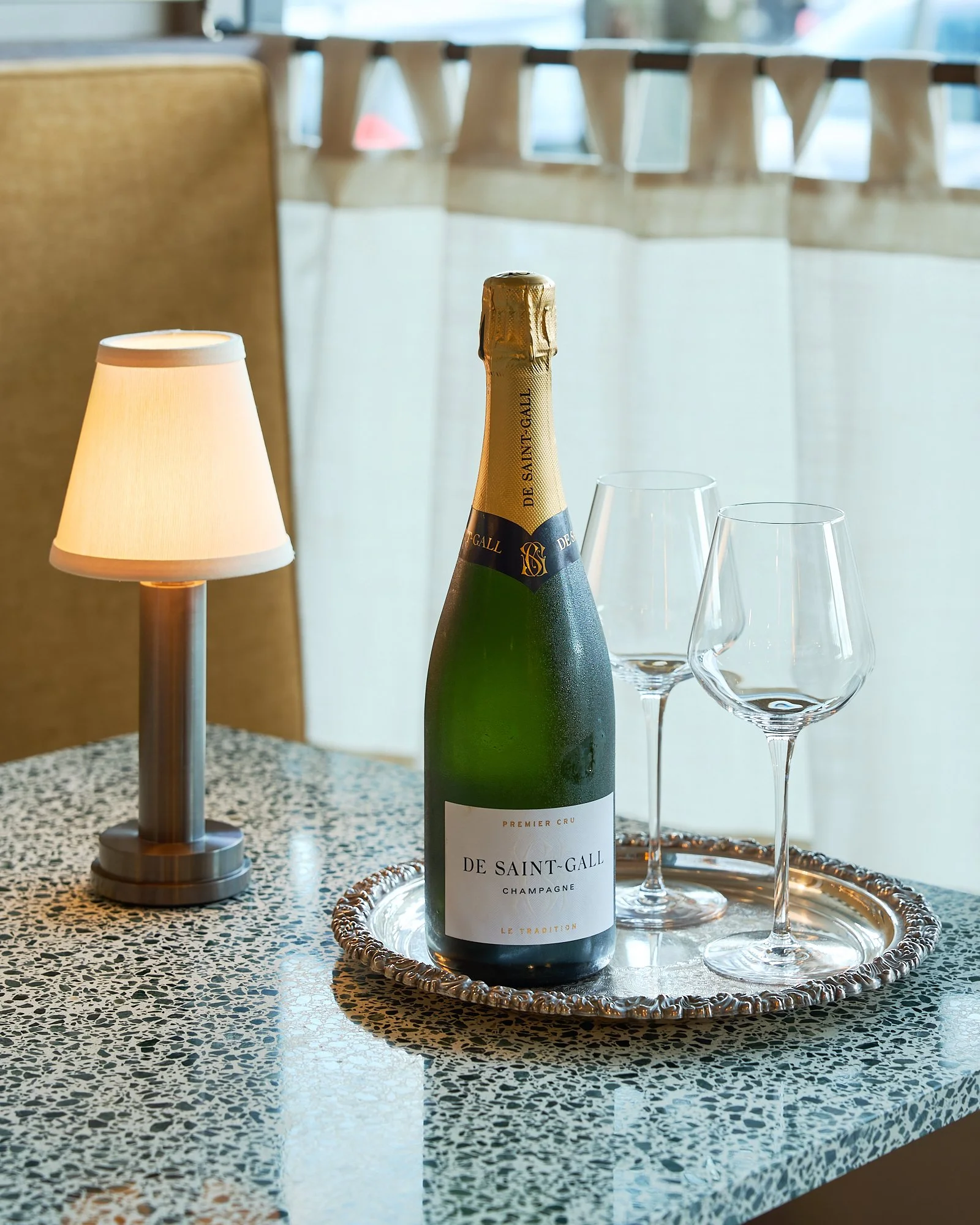 De Saint-Gall champagne and glasses at Chez Bagou, Albert Park Melbourne
