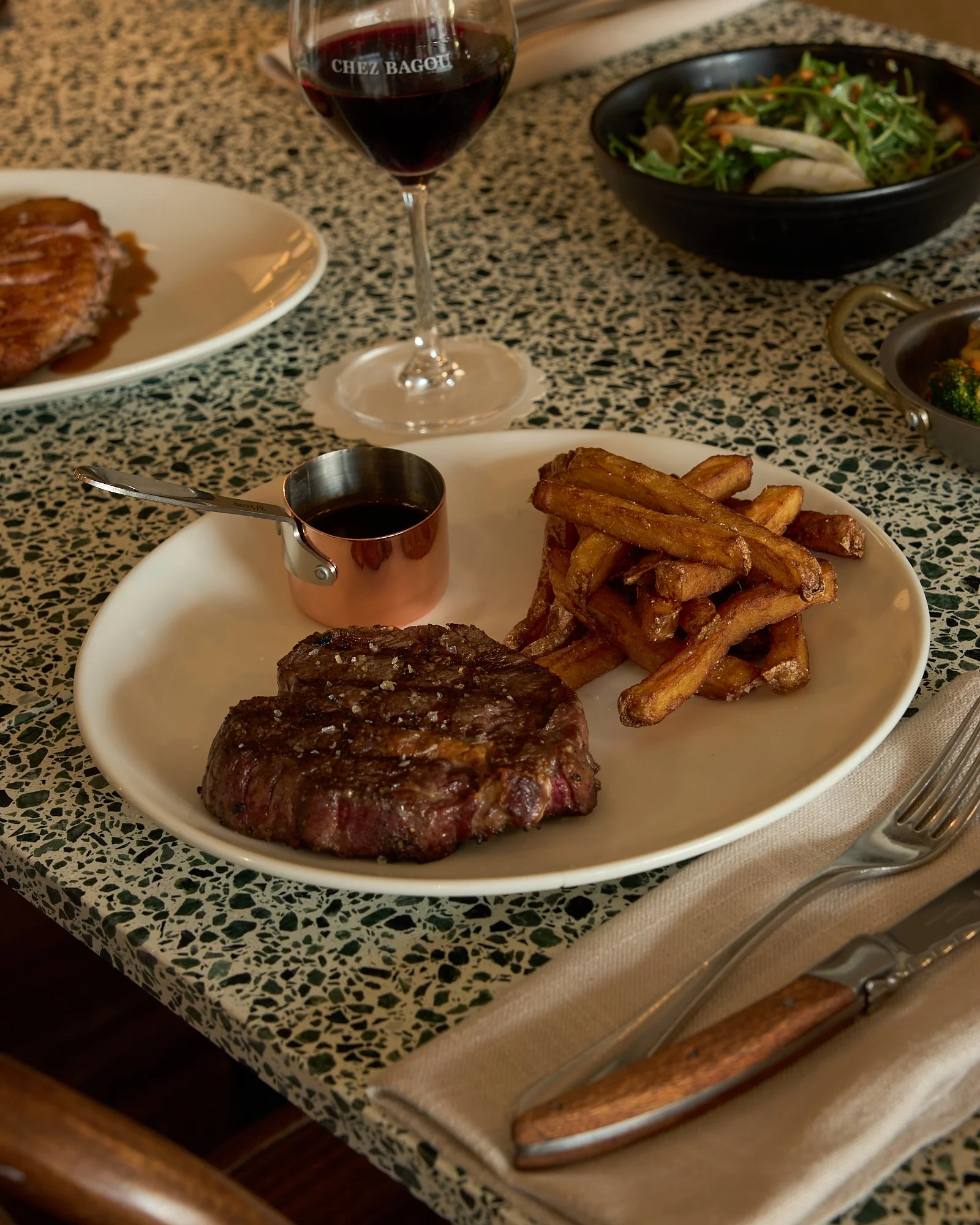Grass-fed scotch fillet steak with frites at Chez Bagou, Albert Park Melbourne