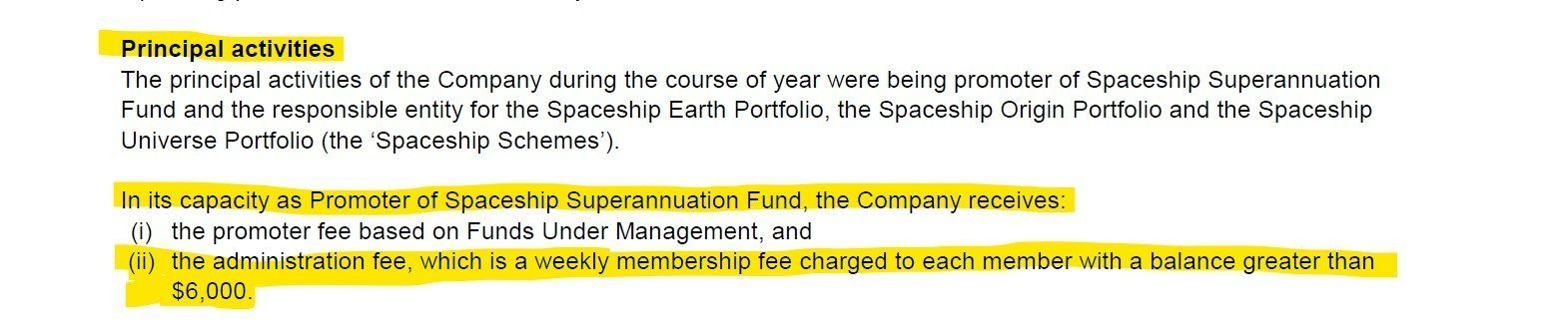   Spaceship Capital Limited, 2022 Financial Statements, Page 3, Principal activities. Source: ASIC Connect.   