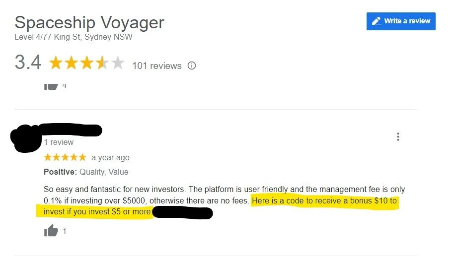   Example of Google review containing “Referral code”  