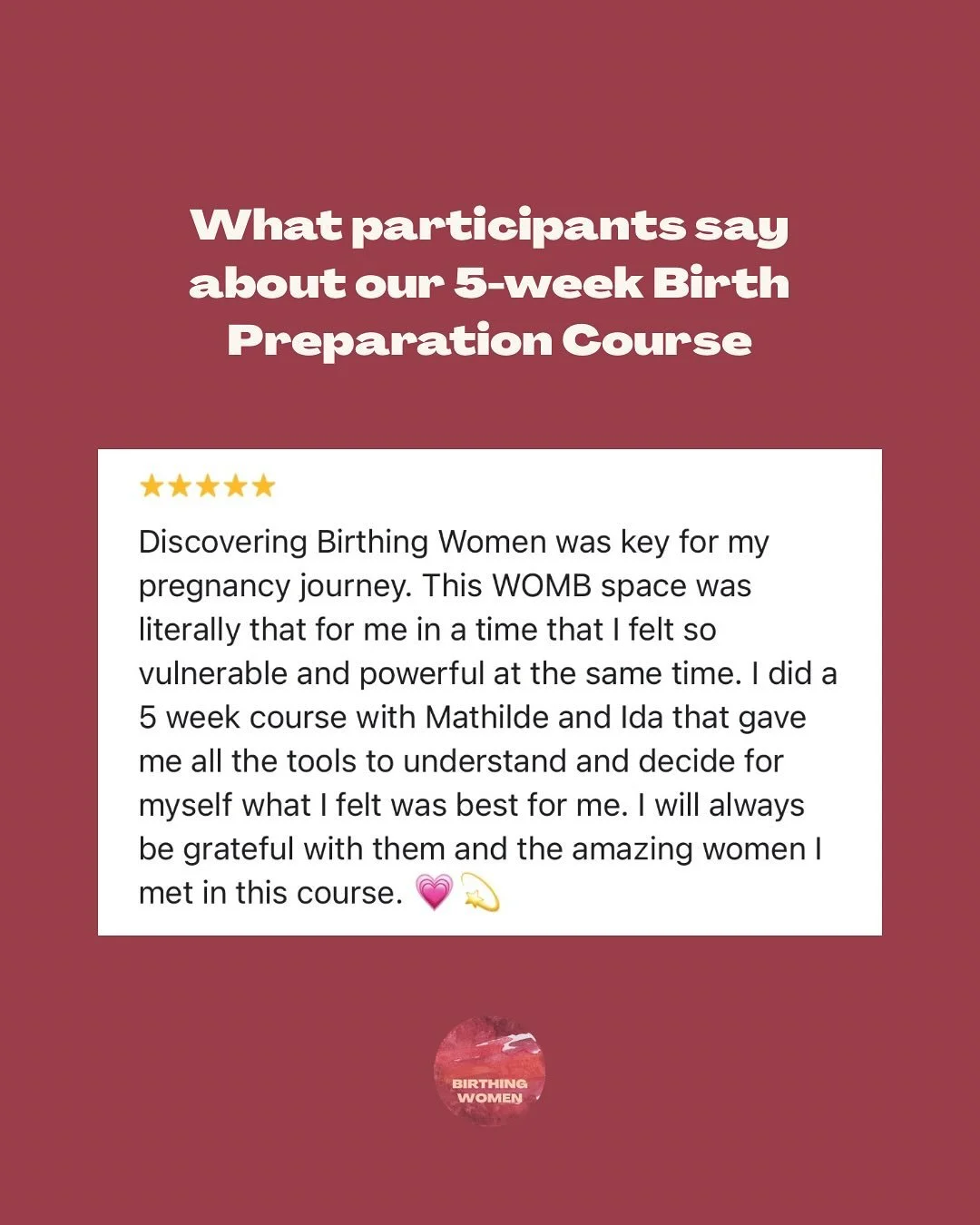 What participants say about our 5-week birth preparation course❤️

Our next courses begin May 26 (1 spot left!) and June 25 and we are so excited to invite more women and their partners into our womb space!

Here&rsquo;s what you can expect:

🕯️ 15 