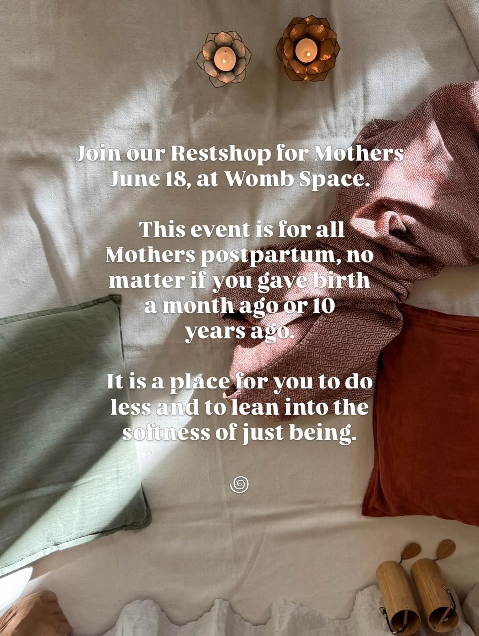 Restshop for Mothers 🌹

Our next Restshop for mothers will be held on June 18 16-18:30 at our studio in Vesterbro, Womb Space. 

Join us for 2,5 hours of rest, softness, surrender and being held. A space where you don&rsquo;t have to be anything for