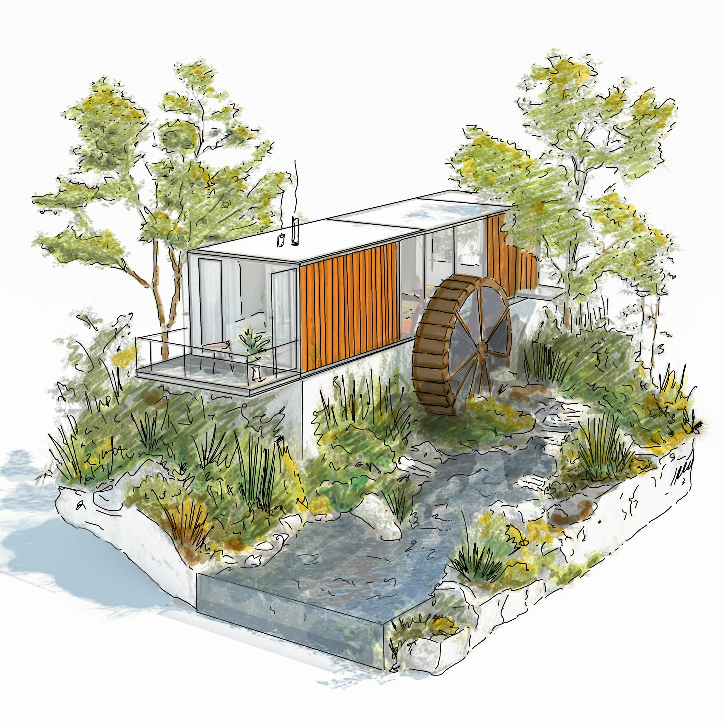 A digital illustration of a modern tiny house with large windows, set in a natural landscape with trees, shrubs, and a water feature.