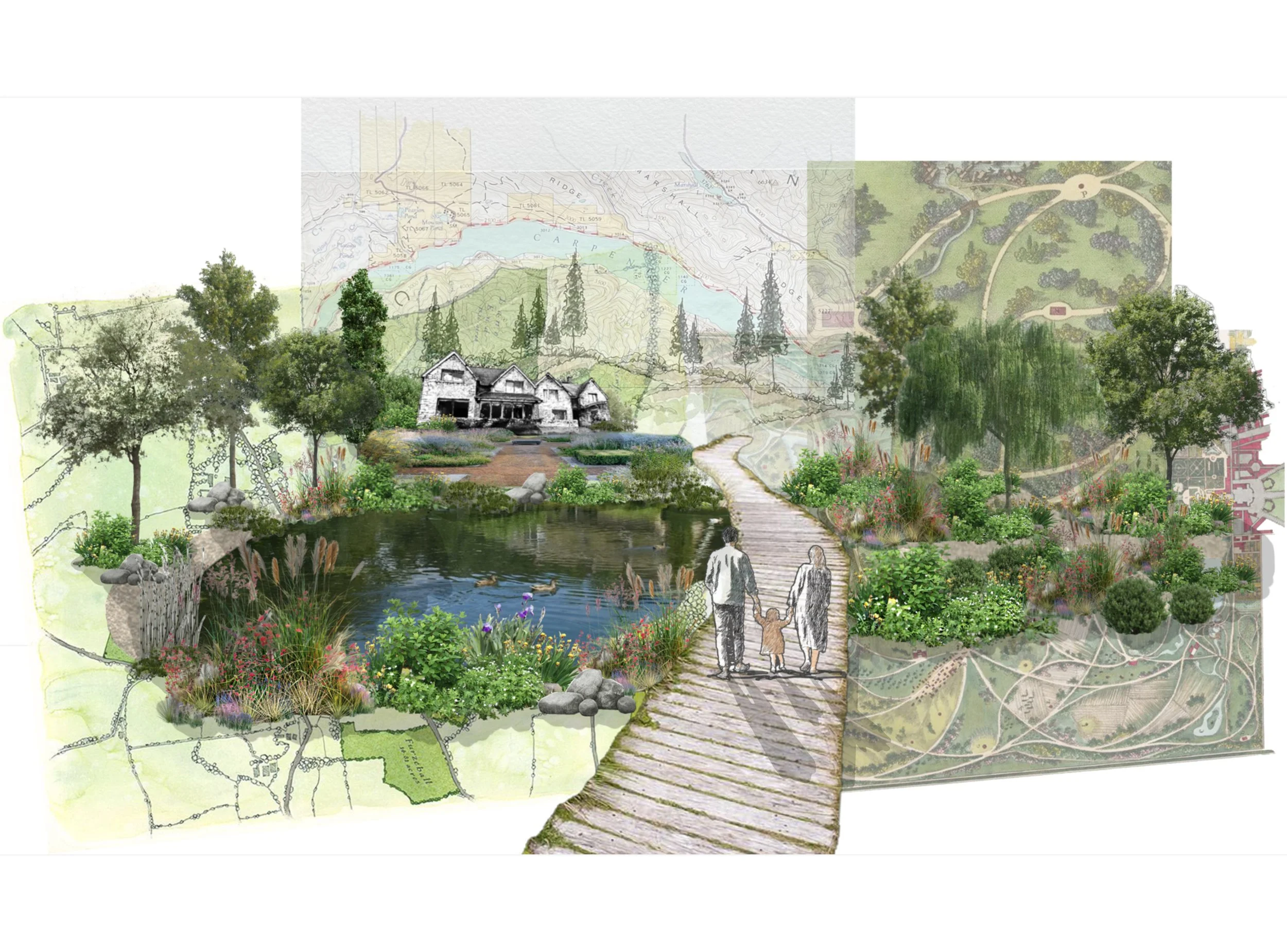 A landscape illustration with trees, a pond, a pathway, and architectural plans overlayed in the background.