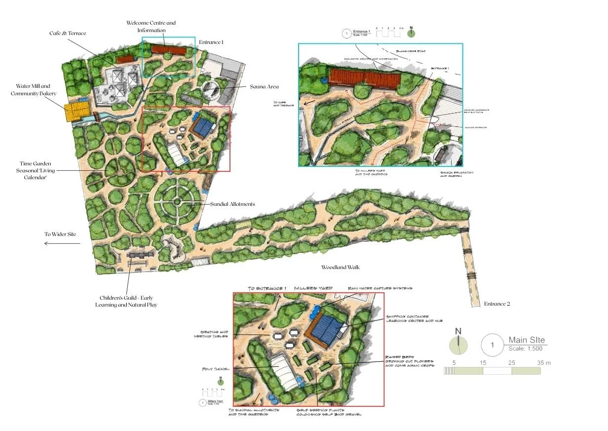 A detailed landscape plan of a park or recreational area, showing pathways, green spaces, and various designated zones including a children's area, water features, and multiple entrances.
