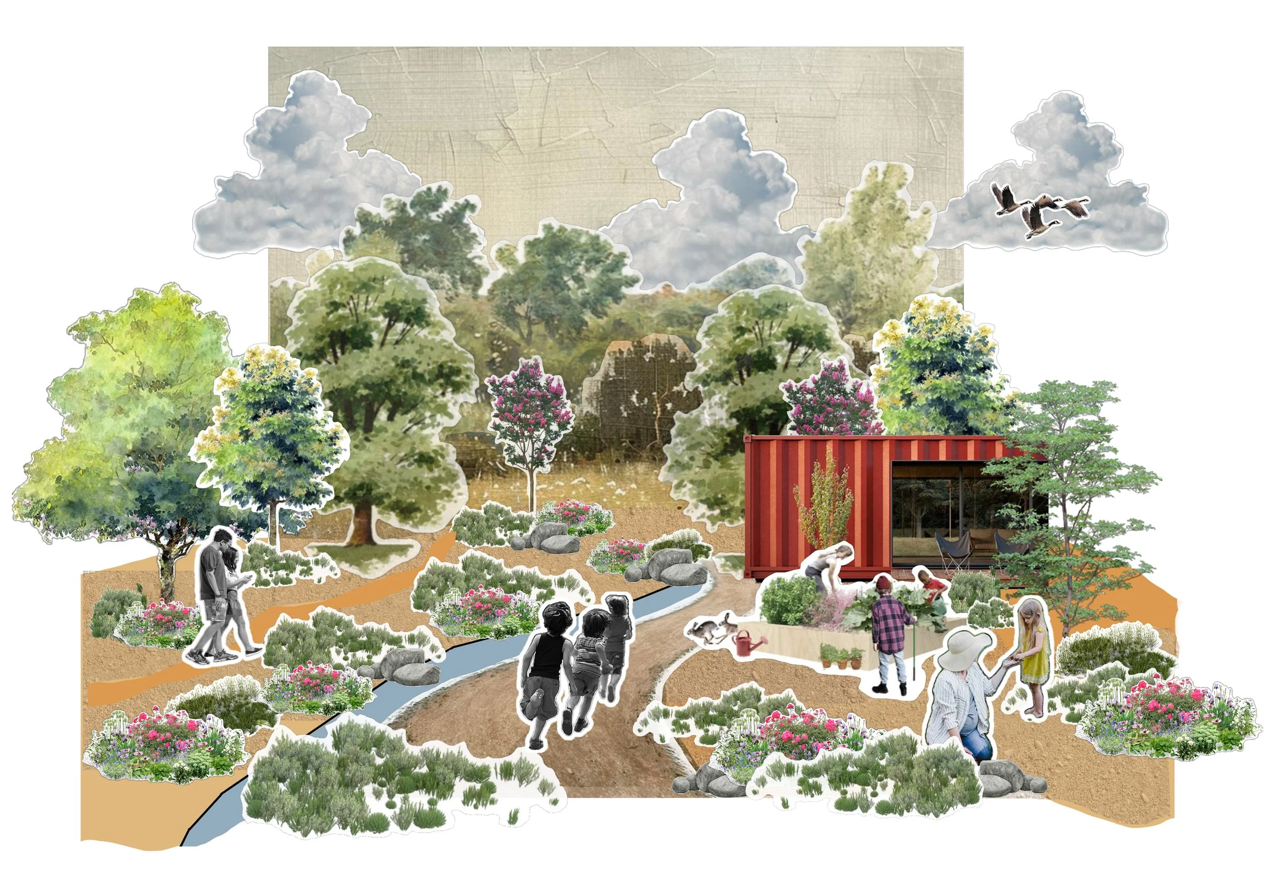 Illustration of a community garden with people working, trees, flowering plants, a small creek, rocks, a red shed, and birds in the sky.