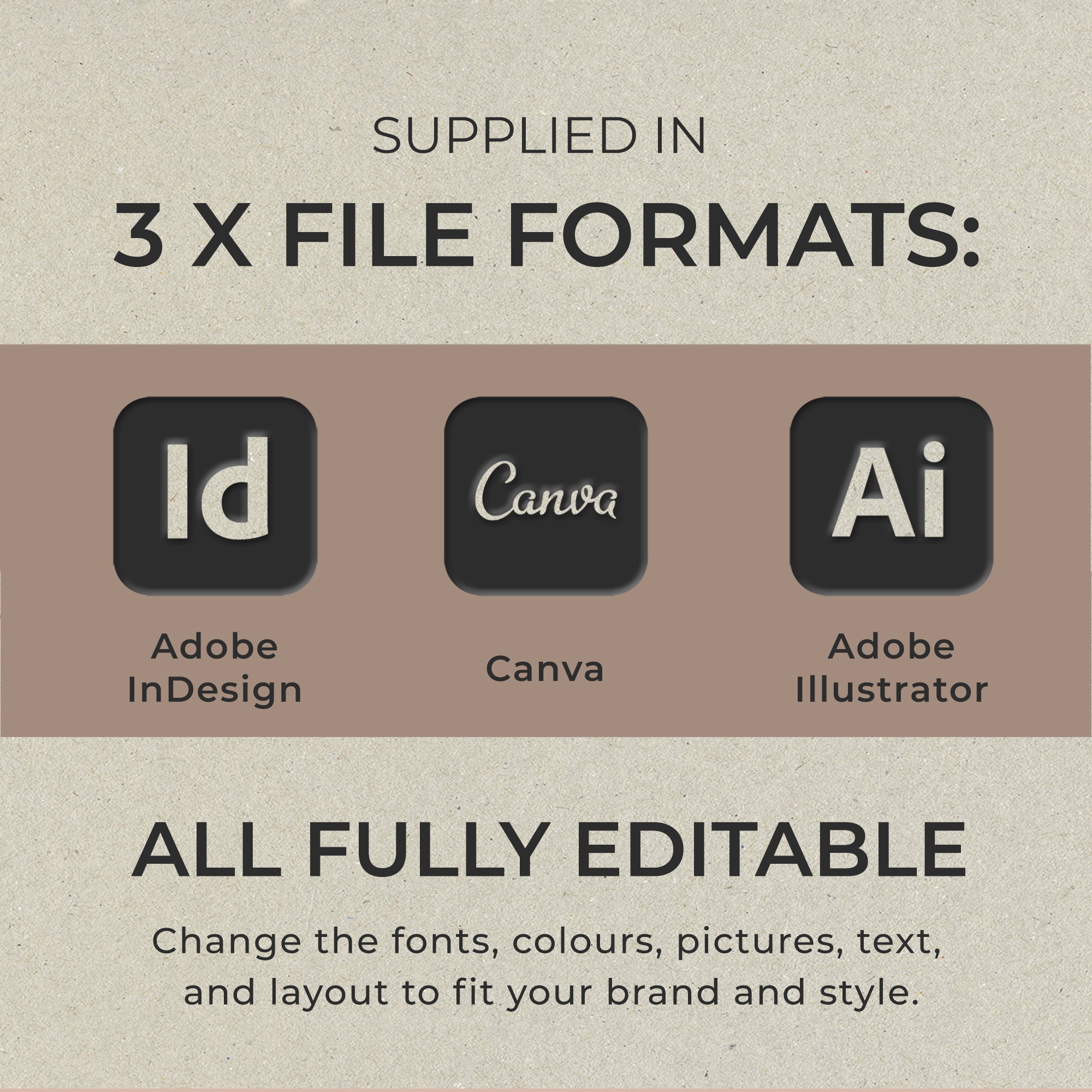 Highlights that this template will be supplied in Adobe Indesign, Abobe Illustrator & Canva