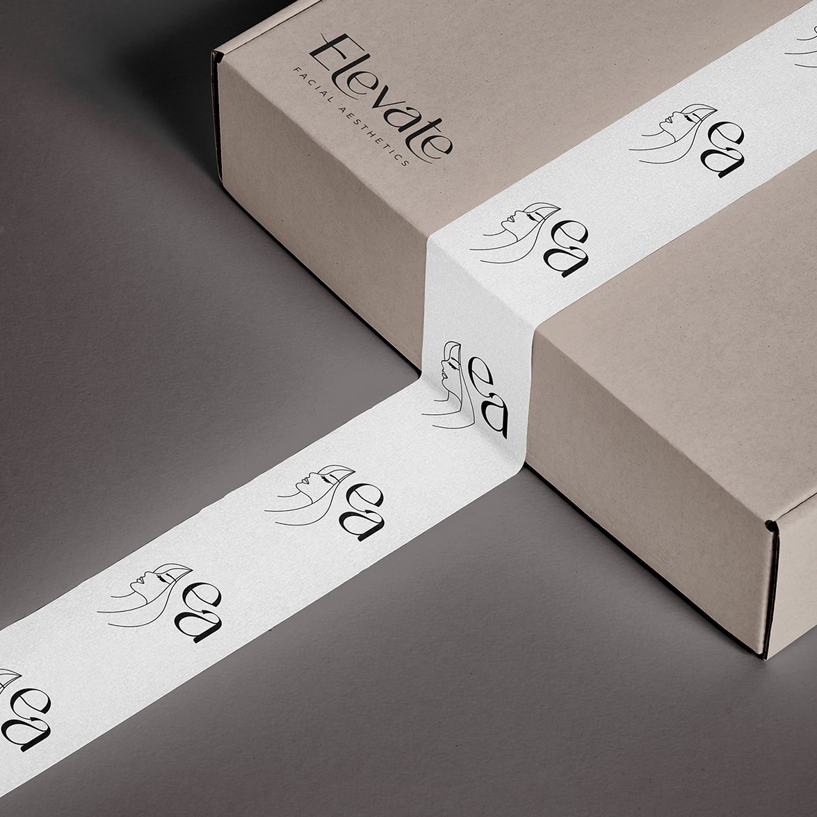 Box and Tape Mock up for Elevate Aesthetics designed by Trimpact Branding