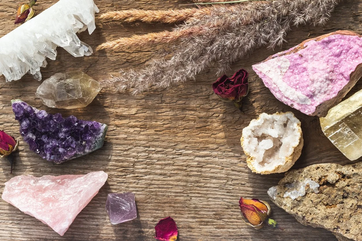 Gemstones including clear quartz, amythest and rose quartz