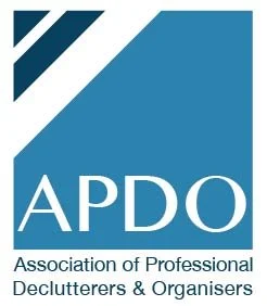 Logo of the Association of Professional Declutterers & Organisers (APDO), featuring blue and white geometric design and text