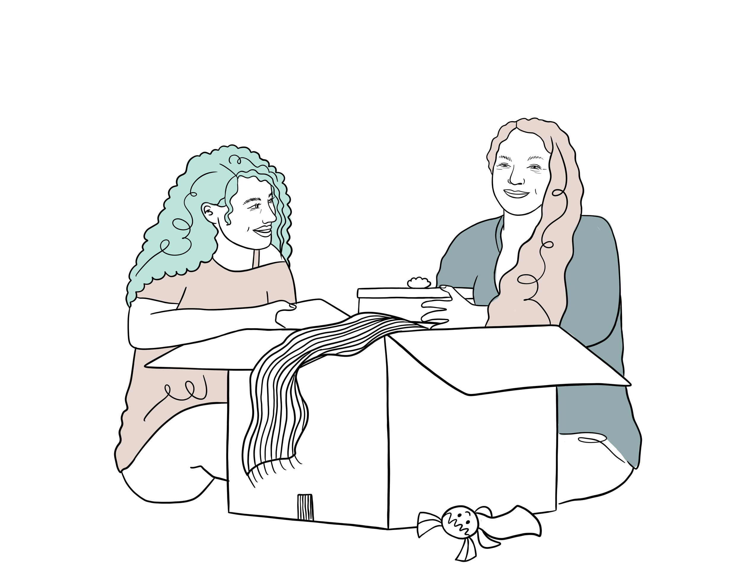 Two women sitting on the floor opening a gift box with wrapping paper and a candy with a bow.