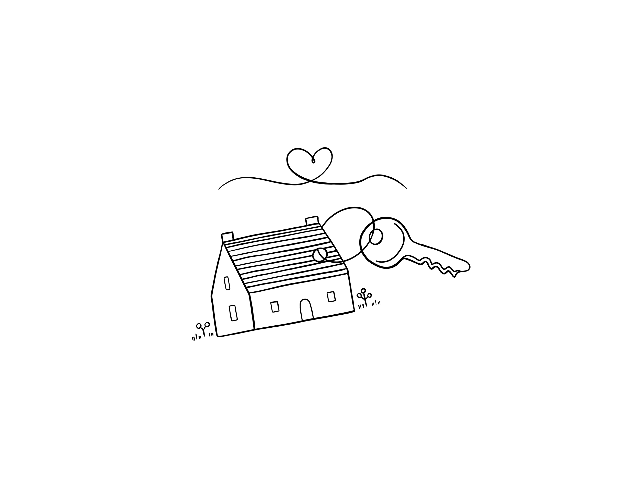 Line drawing of a house, a key, and a heart connected by a string.