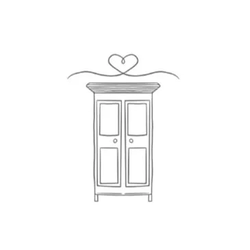 A minimalistic line drawing of a wardrobe with a heart-shaped outline above it.