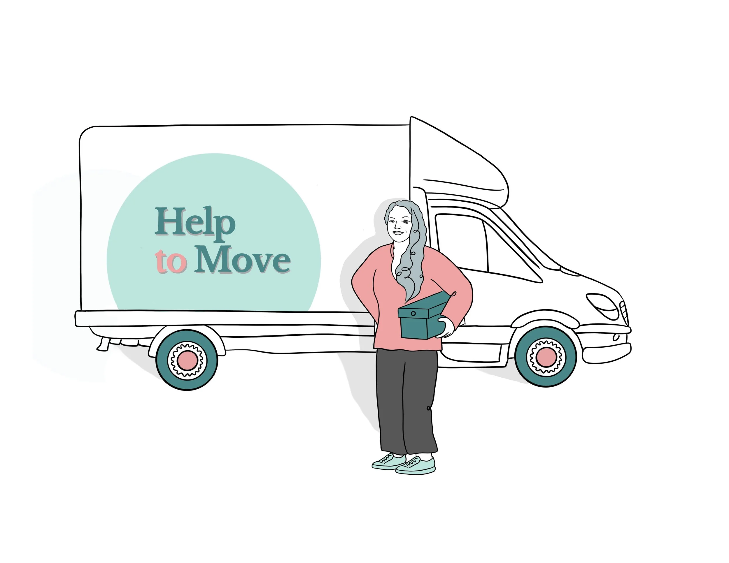 Illustration of a woman standing in front of a moving truck, holding a box, with the truck displaying a 'Help to Move' sign.