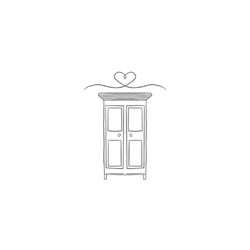 A simple black and white line drawing of a tall wardrobe with two doors, sitting on four legs, with a heart shape made out of lines above it.
