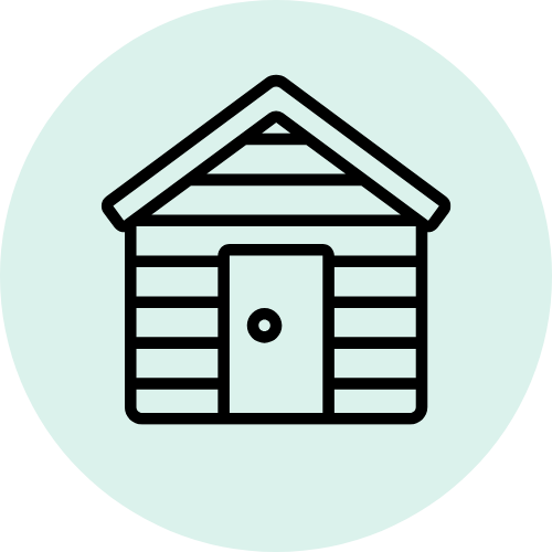 Icon of a small house with a gabled roof and a front door, simple line drawing.