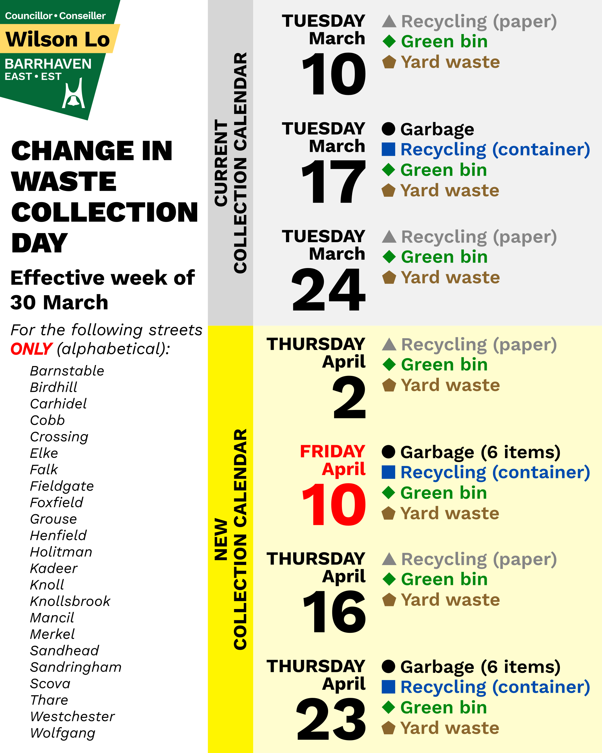 Reminder: Your waste collection day may change starting Monday, March 30