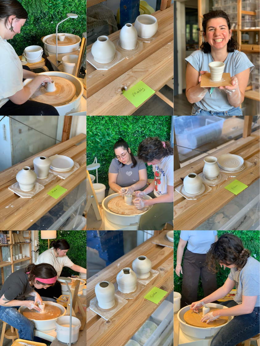 photo collage of Clay Studio Leiden porcelain wheel-throwing workshop participants and the pieces they made in the course