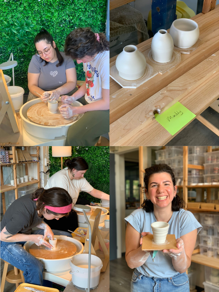 photo collage of Clay Studio Leiden porcelain wheel-throwing workshop participants and the pieces they made in the course