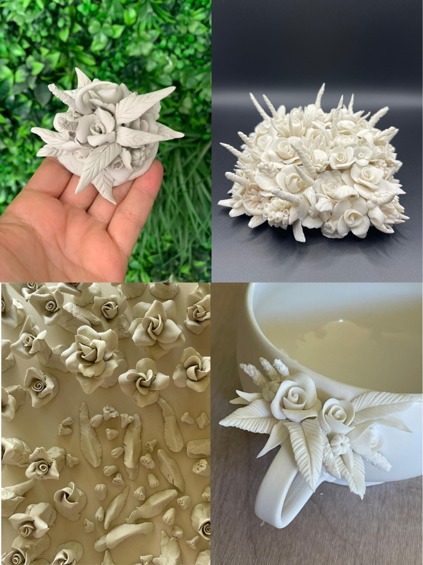 4 close up photos of beautiful handmade porcelain flowers