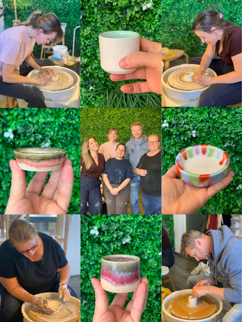 Photo collage of Clay Studio Leiden porcelain wheel-throwing workshop participants and the pieces they made in the 2-session mini course