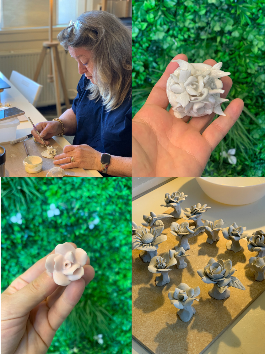4 close up photos of beautiful handmade porcelain flowers