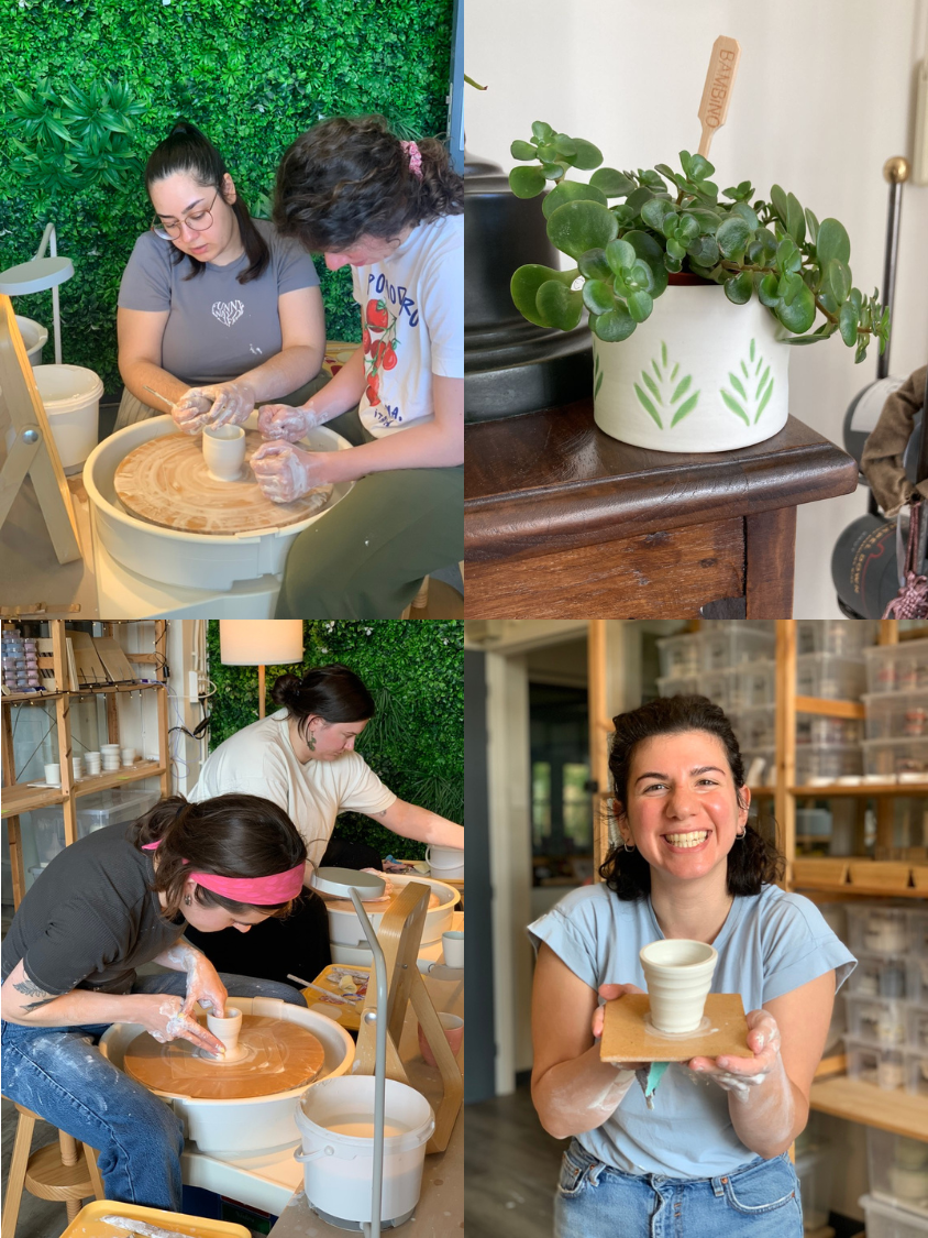 photo collage of Clay Studio Leiden porcelain wheel-throwing workshop participants and the pieces they made in the course