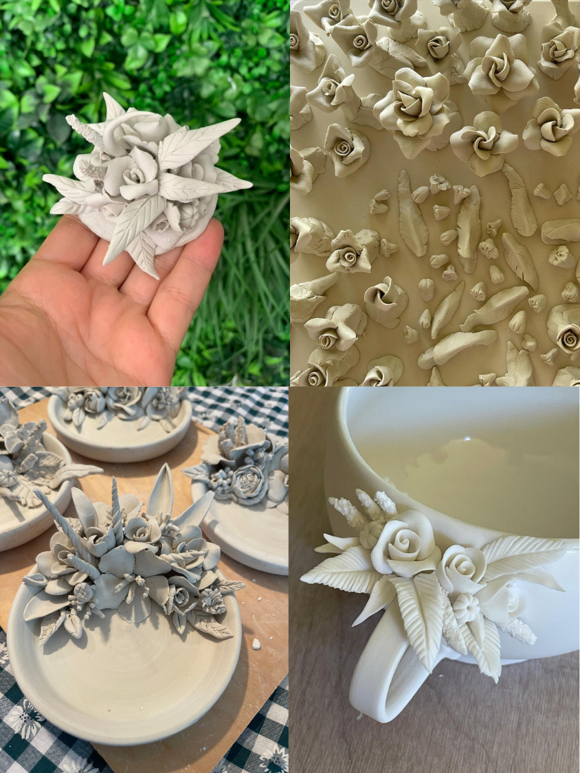 4 close up photos of beautiful handmade porcelain flowers