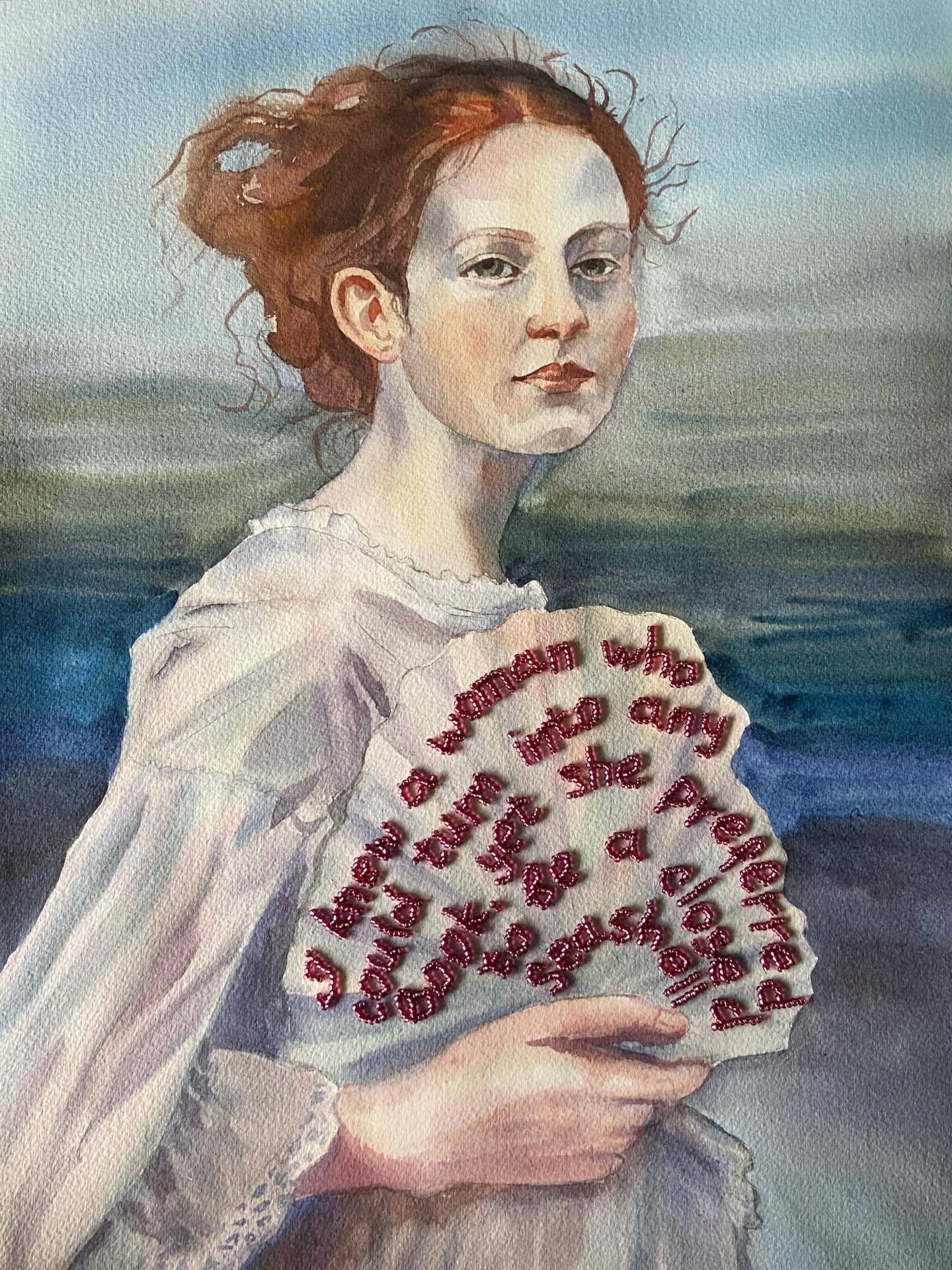 Secret, 36x51 cm, watercolor on paper, bead embroidery. 2026.