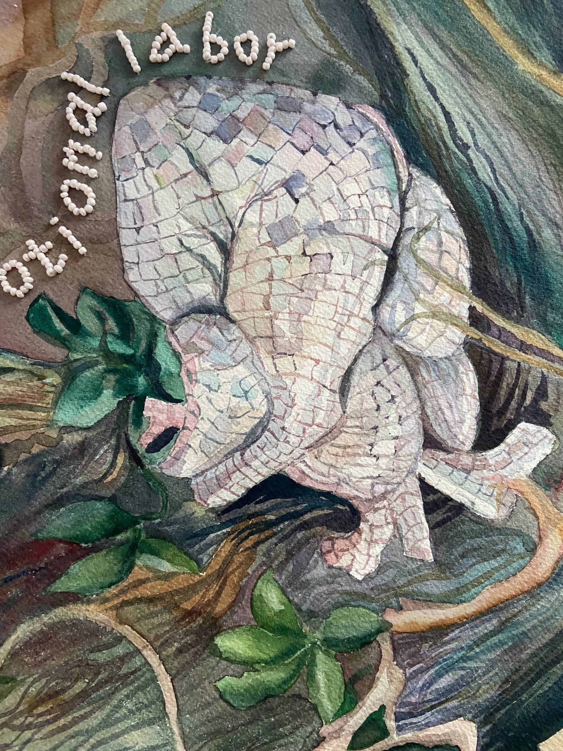 What Does Your Heart Desire, 36x51 cm, watercolor on paper, bead embroidery. 2026. Detail 