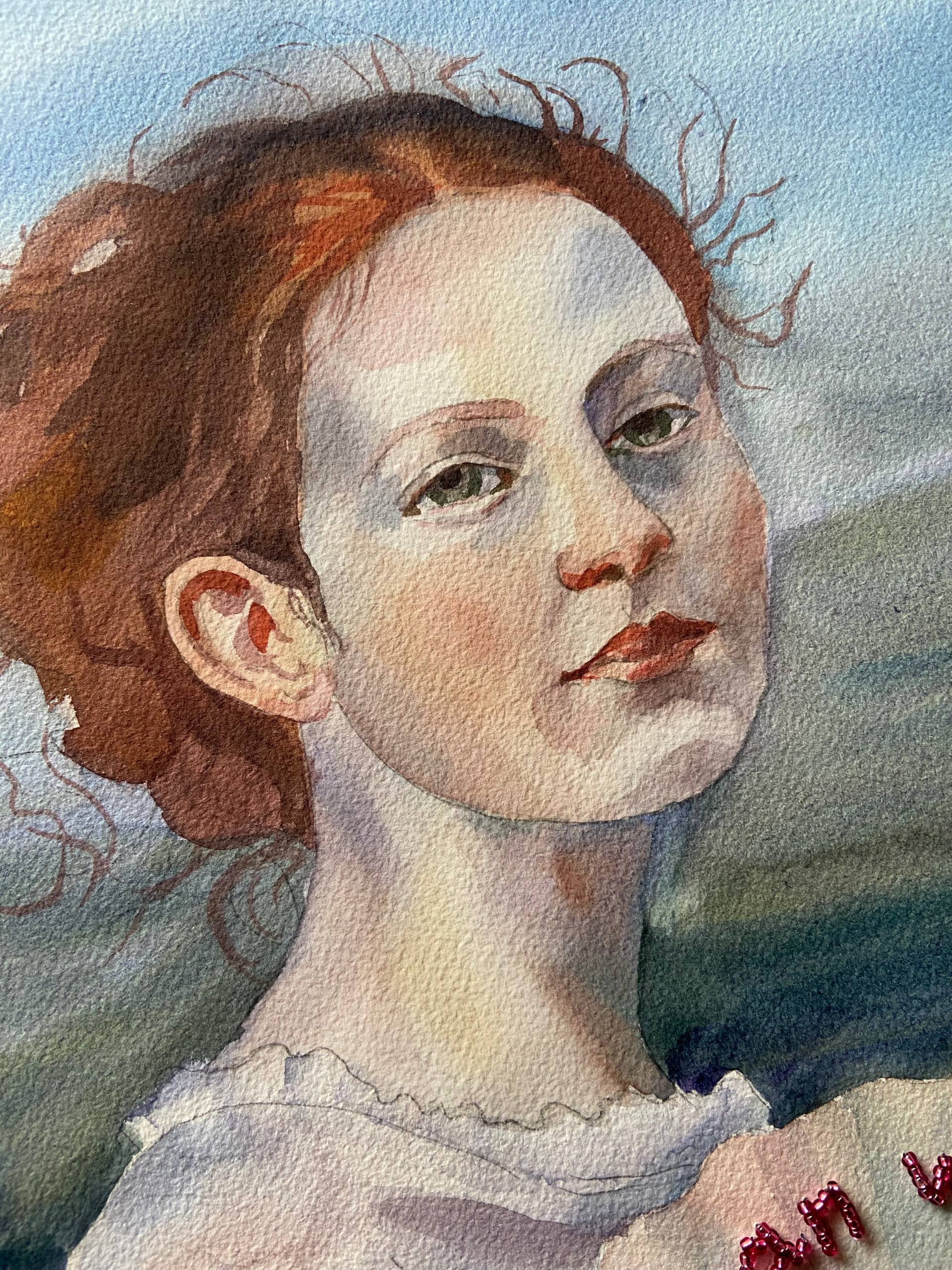 Secret, 36x51 cm, watercolor on paper, bead embroidery. 2026. Detail