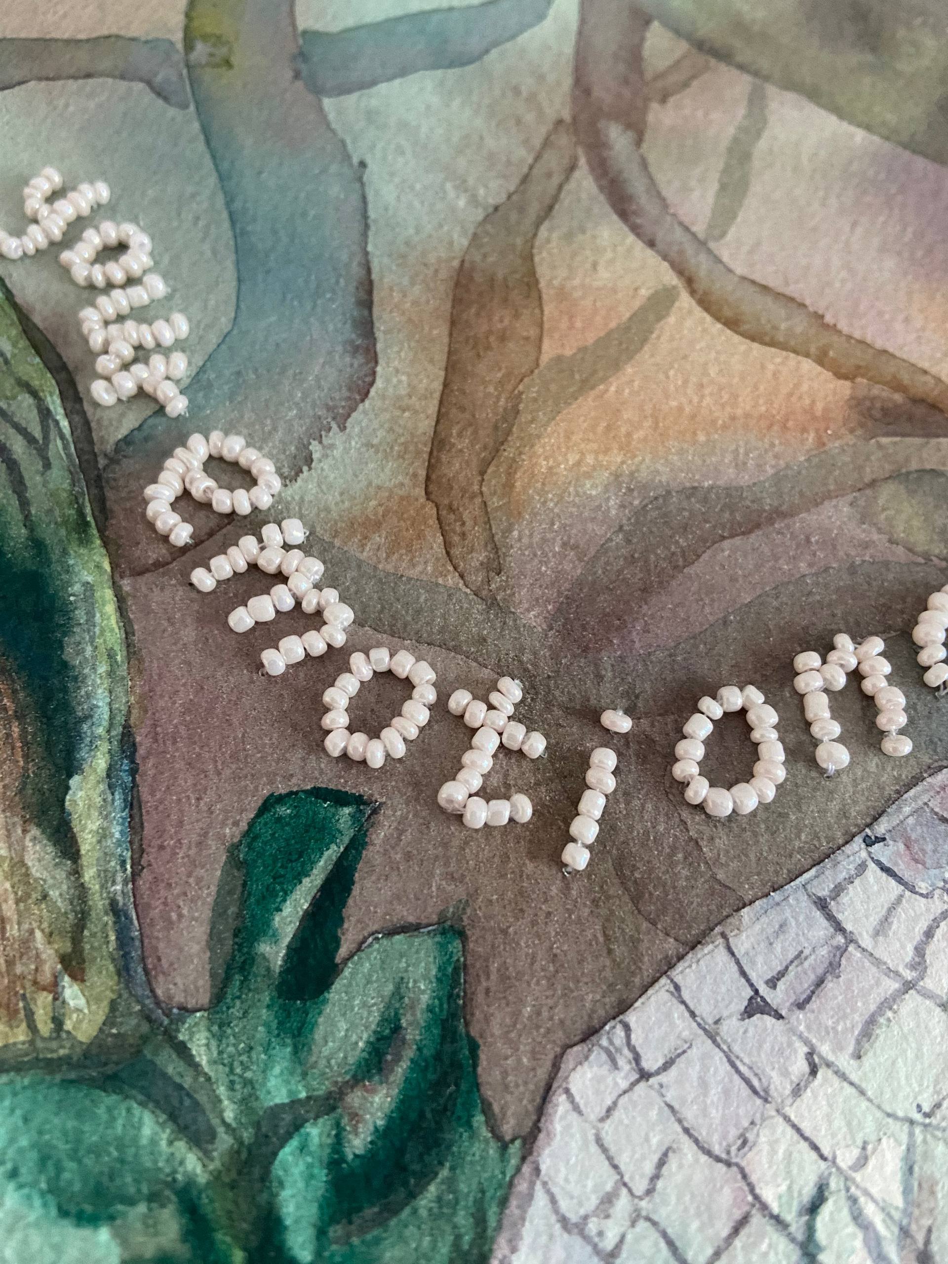 What Does Your Heart Desire, 36x51 cm, watercolor on paper, bead embroidery. 2026. Detail