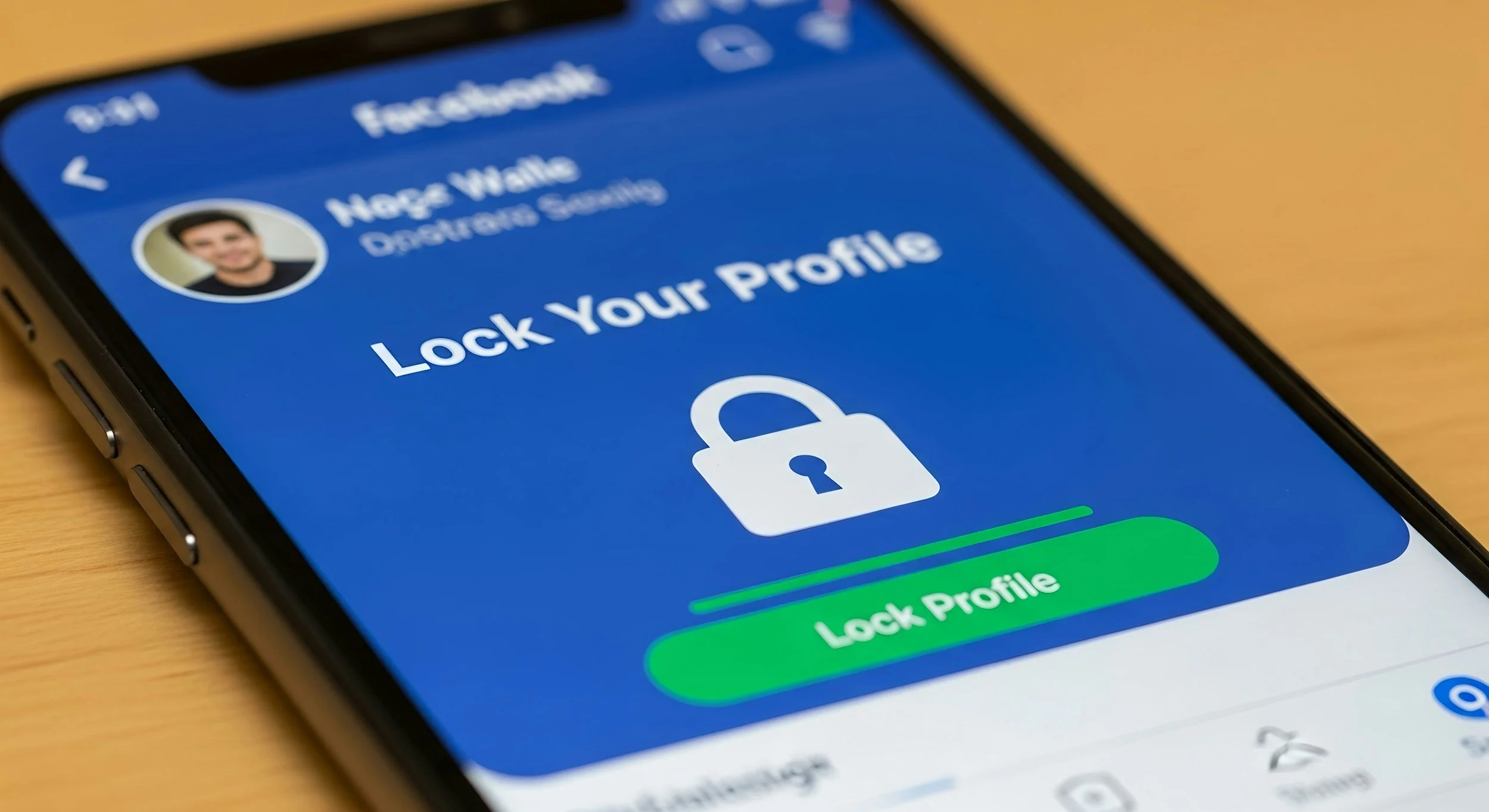 Close-up of a smartphone displaying a Facebook profile page with the text "Lock Your Profile" and an icon of a locked padlock.