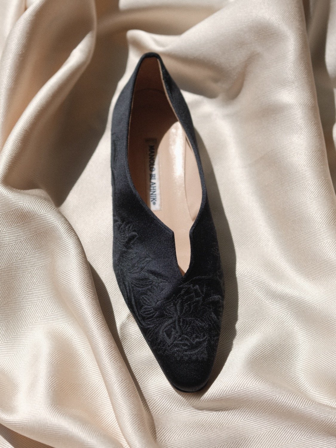 Manolo Blahnik Satin Embroidered Flats at Kayten Schmidt