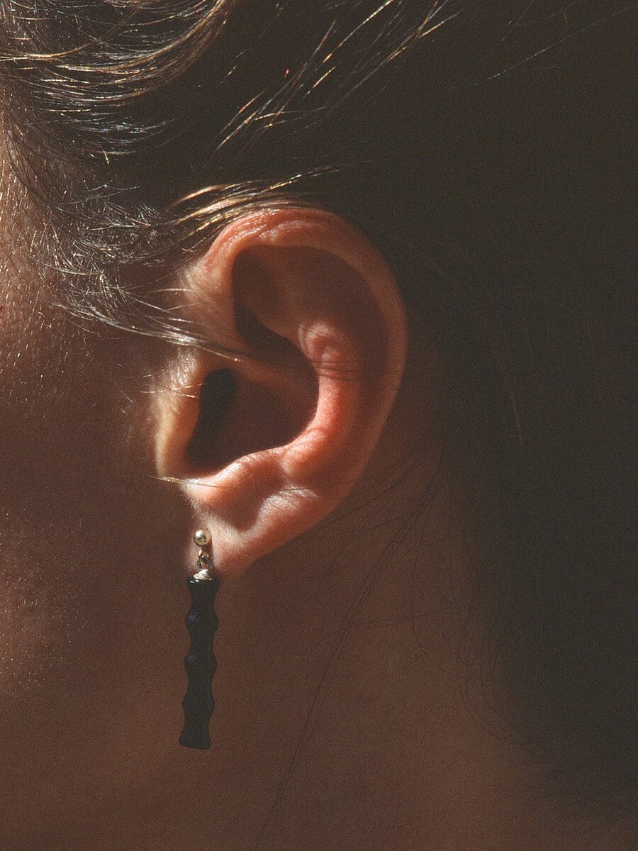 Unsigned Hand-Carved Bamboo Shape Jet and 14k Gold Earrings at Kayten Schmidt
