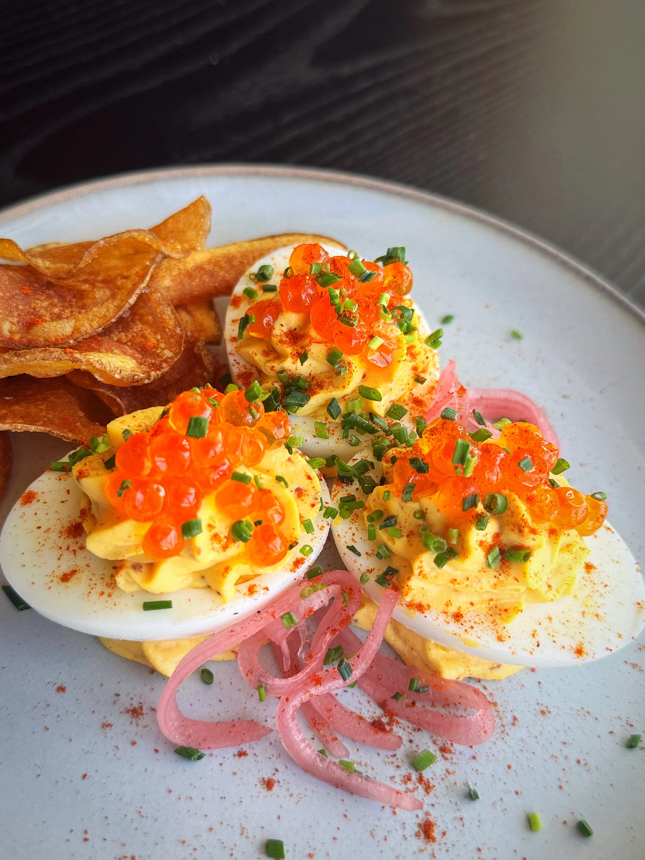 Smoked Trout Caviar - Devilled Eggs with Pickled Onion, Dill & Chives