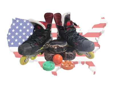 Rollerblades and disc golf discs with a USA map background.
