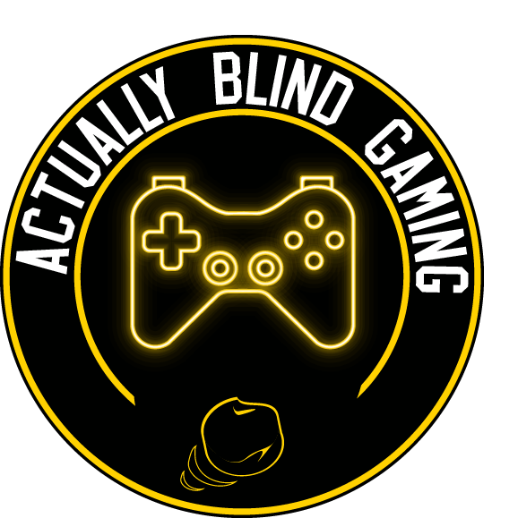 Actually Blind Gaming Logo - The logo is a circle logo with a black background. Actually Blind Gaming is written around the circle in white. The center is an outline of a controller in yellow.