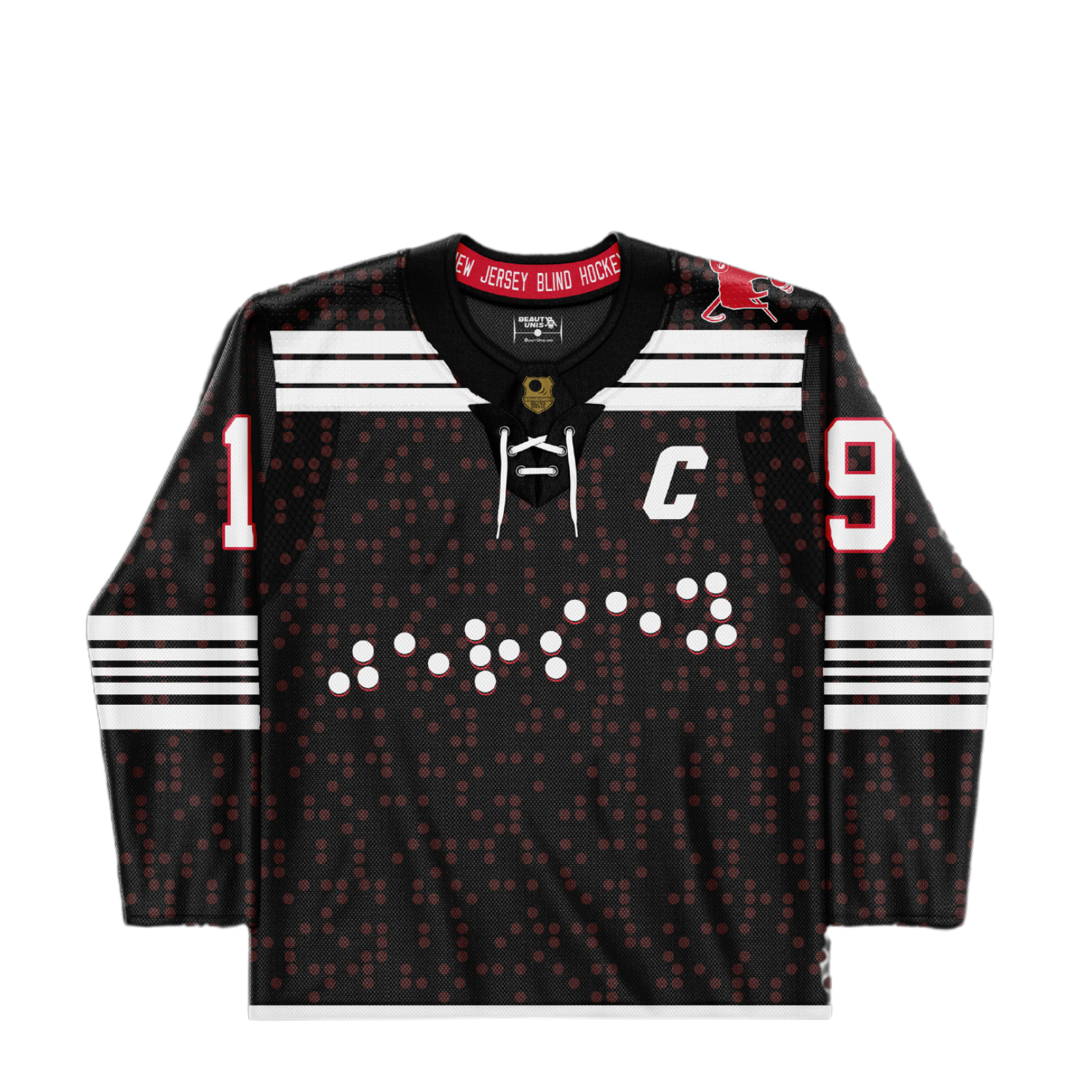 Black hockey jersey with red dot pattern, white number '19', a white 'C' for captain, and Braille text. "New Jersey Blind Hockey" text inside the collar.