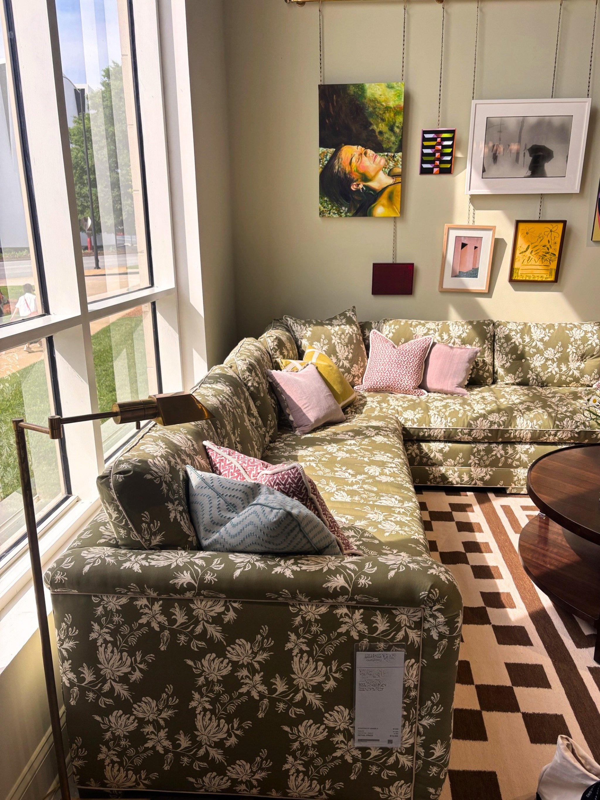 There&rsquo;s a lot happening in this corner, but it works so well. Finding the perfect balance between pattern and color. The unique suspension gallery wall adding the perfect unexpected layer and make it a memorable little moment.