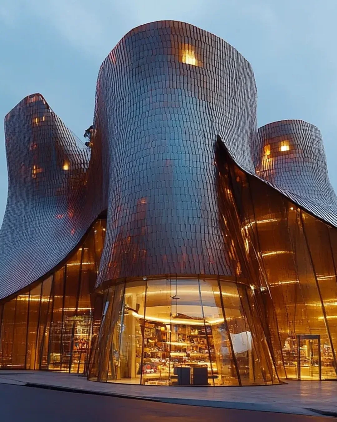 Edifício moderno com fachada curva e metálica, iluminado por dentro, ao entardecer.