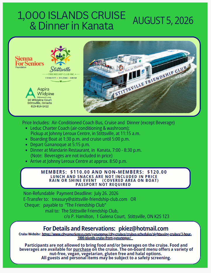 1,000 Islands Cruise &amp; Dinner with the Stittsville Friendship Club 