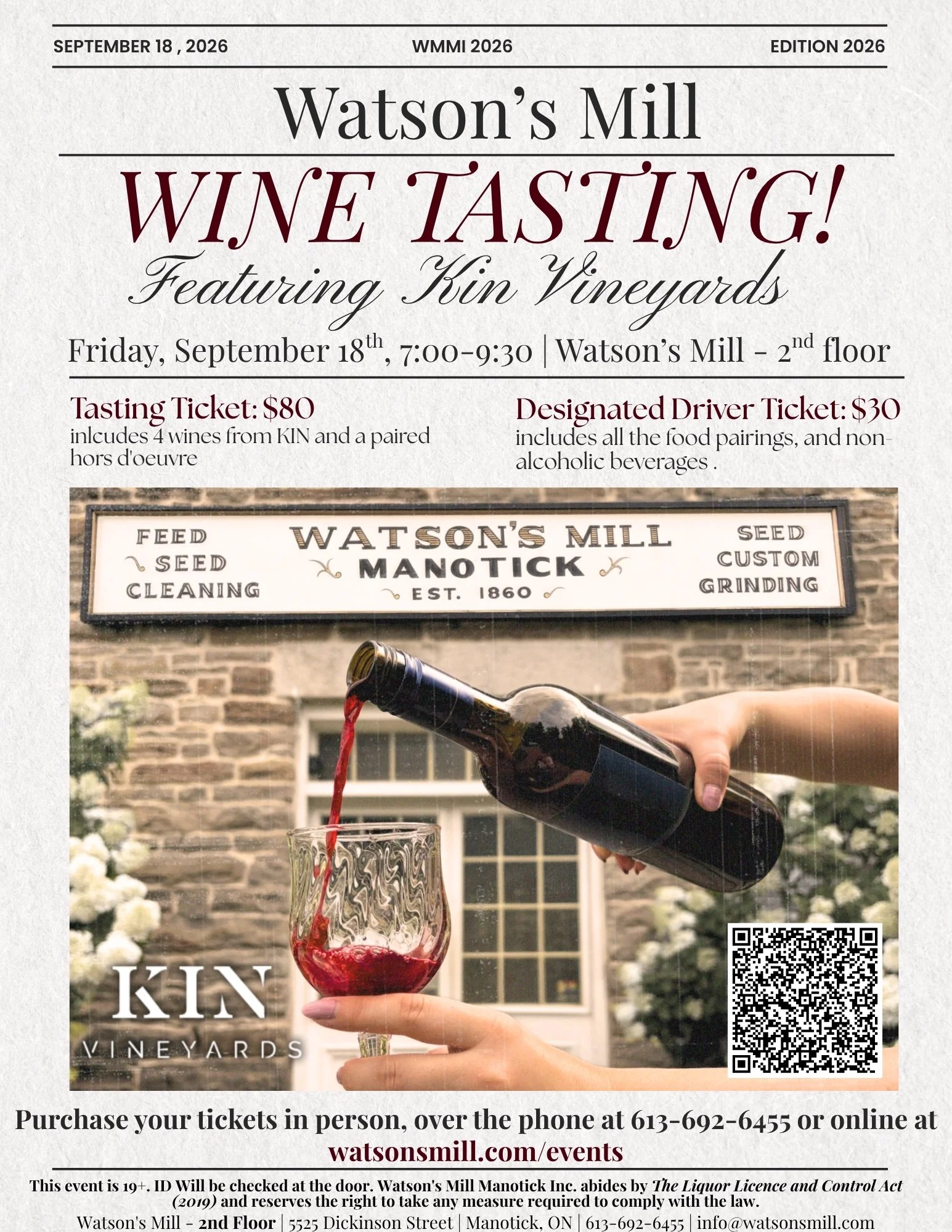 Watson’s Mill Wine Tasting Featuring Kin Vineyards
