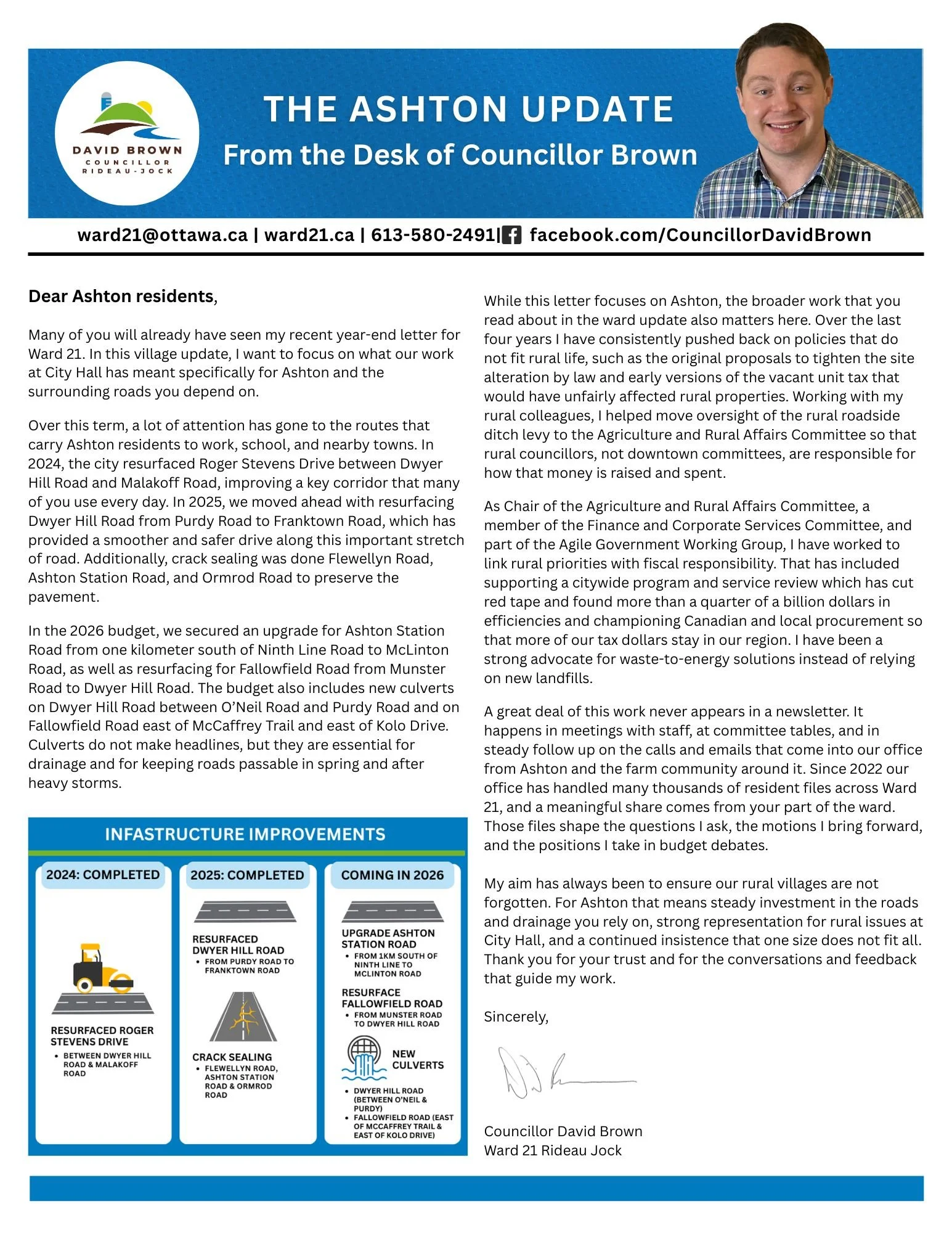 A community newsletter titled 'The Ashton Update' from Councillor David Brown, featuring a photo of him, contact information, and articles about road and infrastructure improvements in Ashton, including road resurface projects, upgrades, and new culverts.