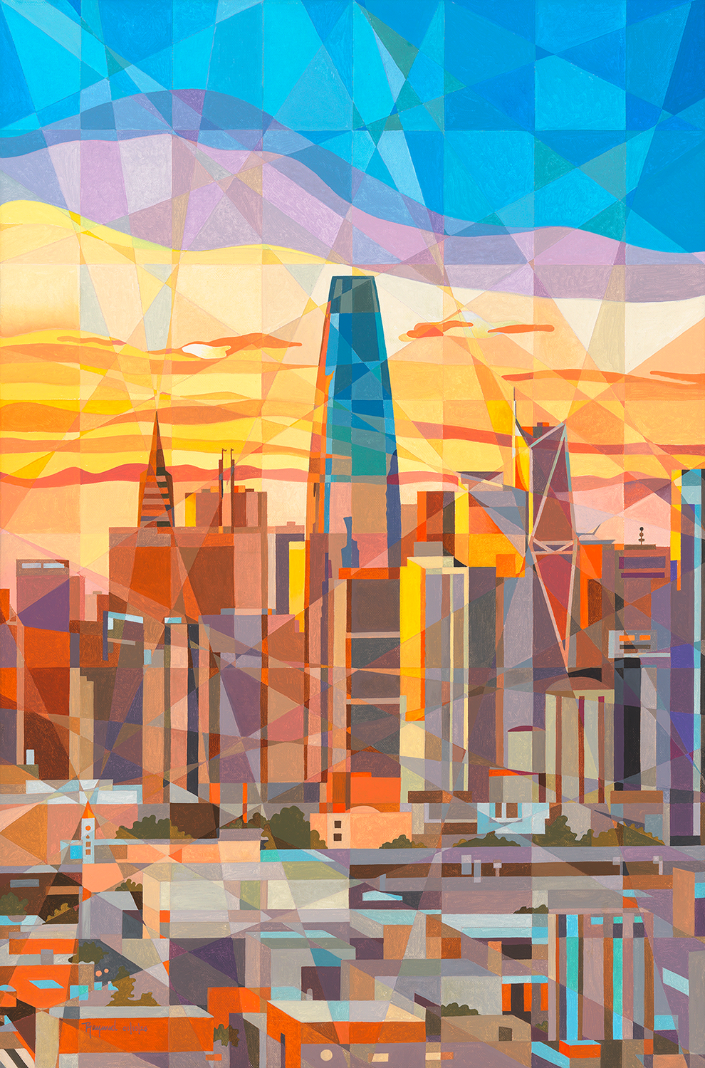Blue Tower Over  Amber Skyline
